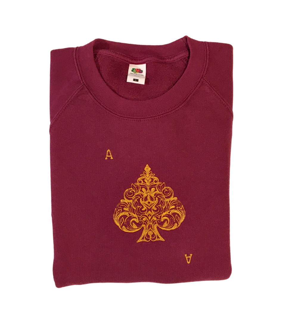 men ace of spades burgundy sweatshirt front closeup