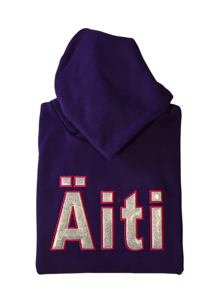 women äiti applique purple hoodie front closeup
