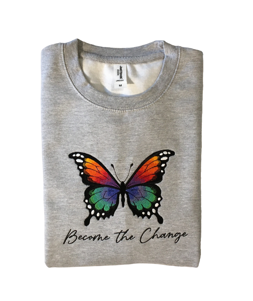women become the change grey sweatshirt front closeup