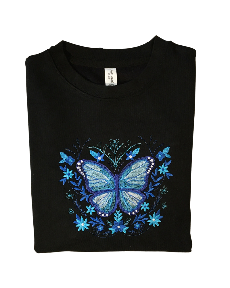 women blue morpho black sweatshirt front closeup