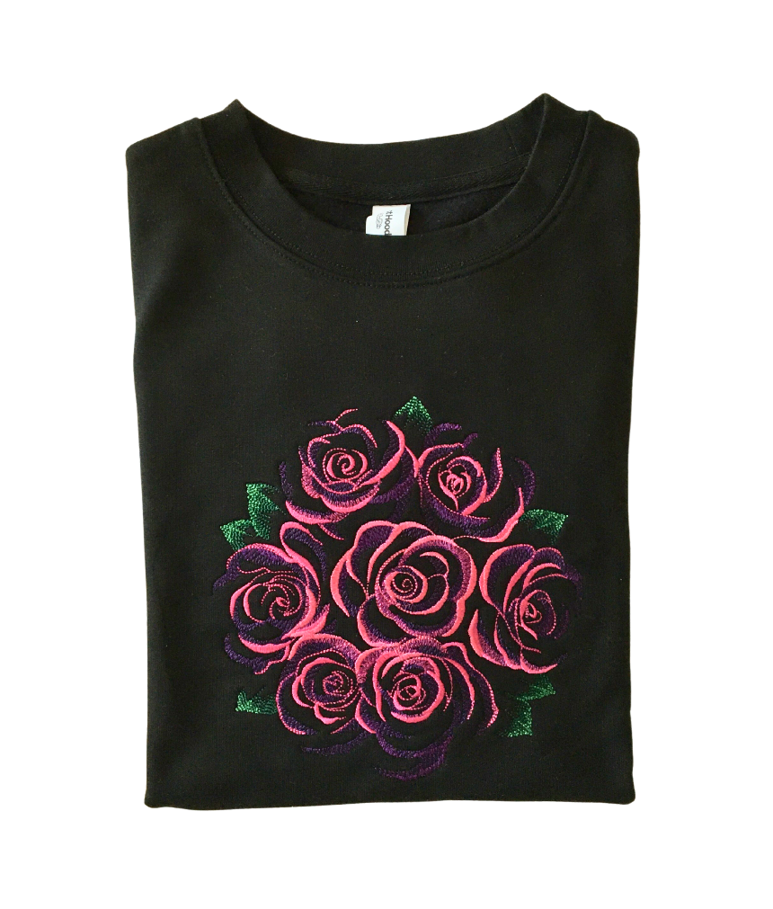 women bouquet of roses black sweatshirt front closeup