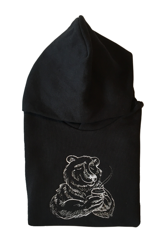 kids coffee bear black hoodie front closeup