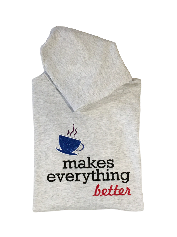 men coffee makes everything better grey hoodie front closeup