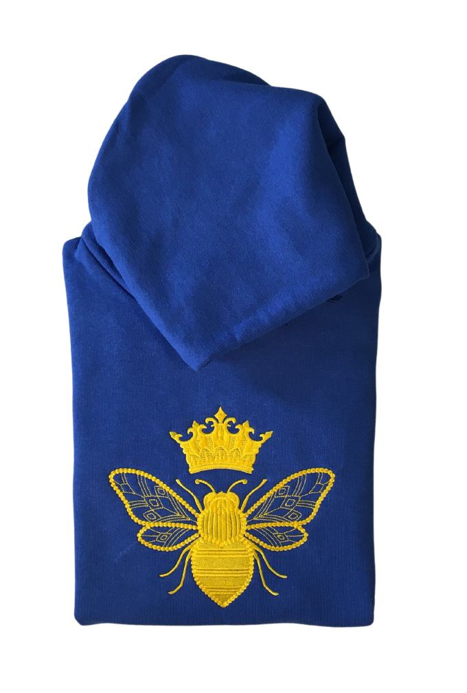 women elegant crowned queen been royal blue hoodie front closeup