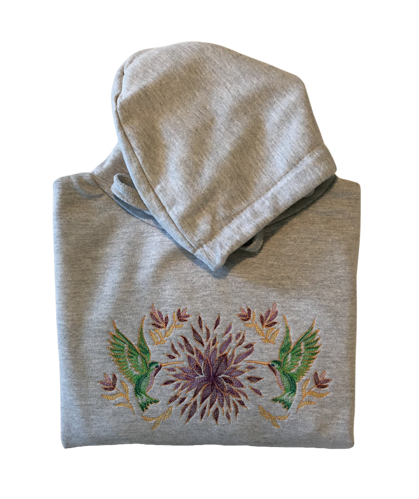 women elegant hummingbirds grey hoodie dress front closeup