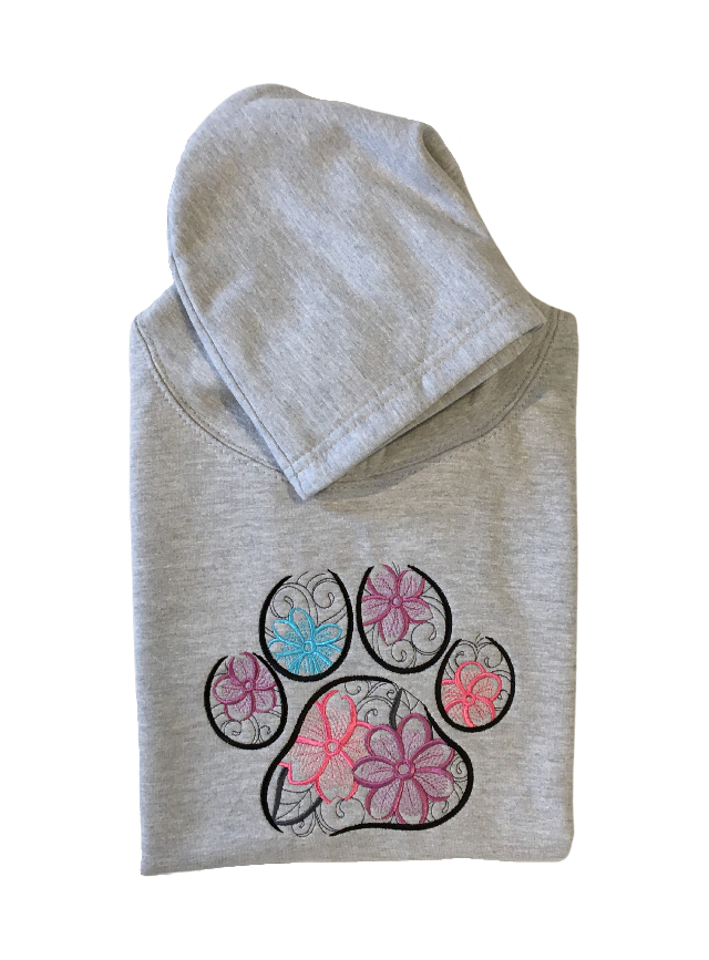kids floral pawmark grey hoodie front closeup