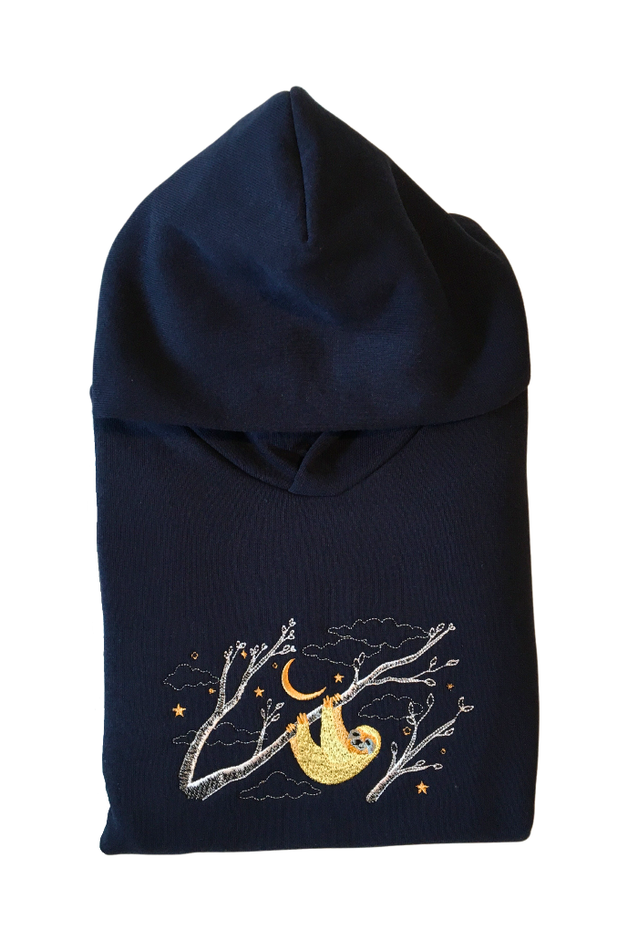 kids hanging sloth deep navy hoodie front closeup