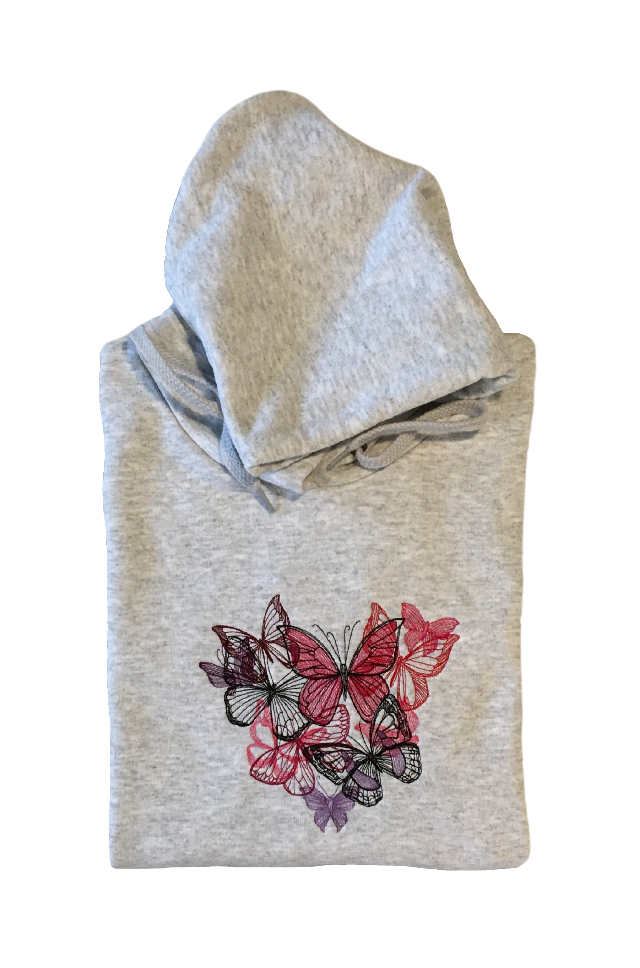 women heart of butterflies grey hoodie front closeup