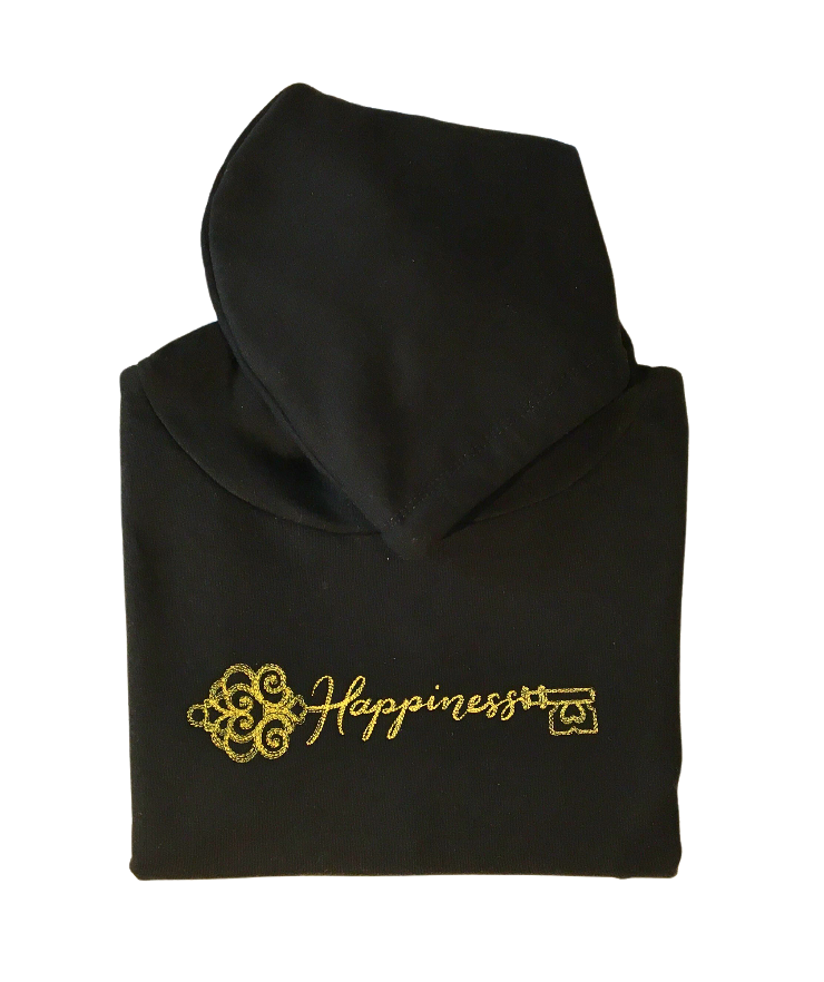 women key of happiness black cropped hooded sweatshirt front closeup