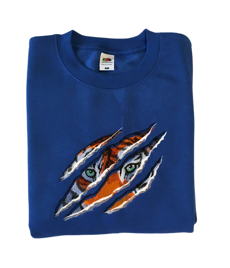 men magnificent tiger royal blue sweatshirt front closeup