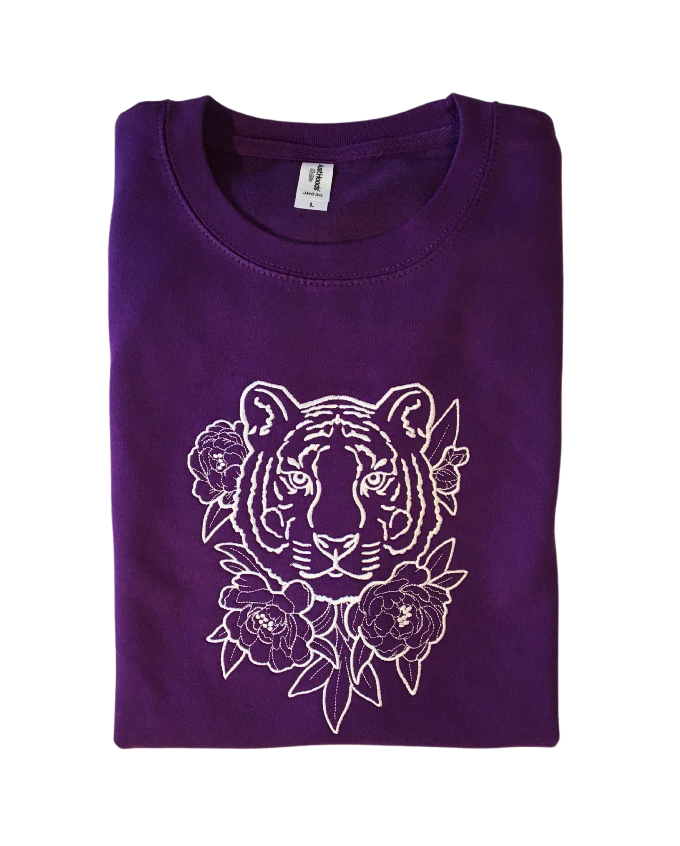women majestic tiger with flowers purple sweatshirt front closeup