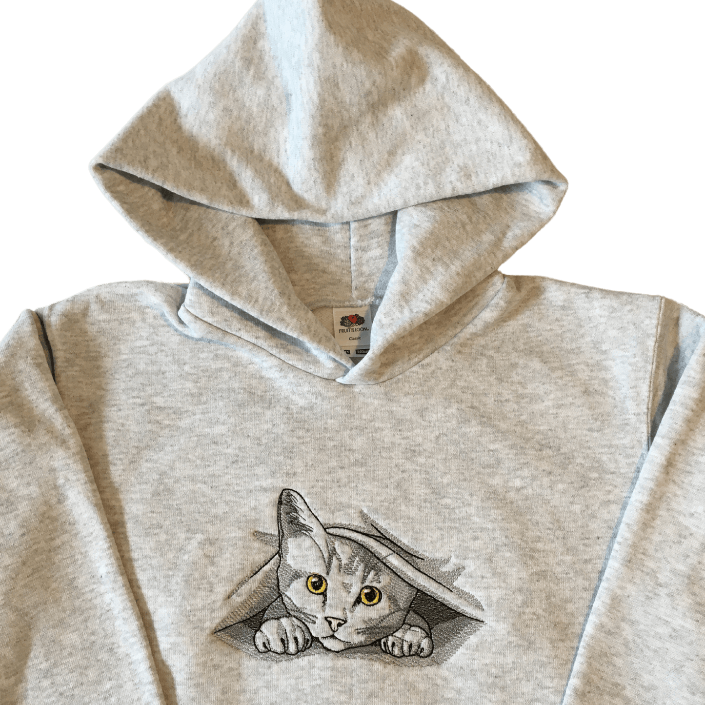 kids peeking out kitty grey hoodie front middle