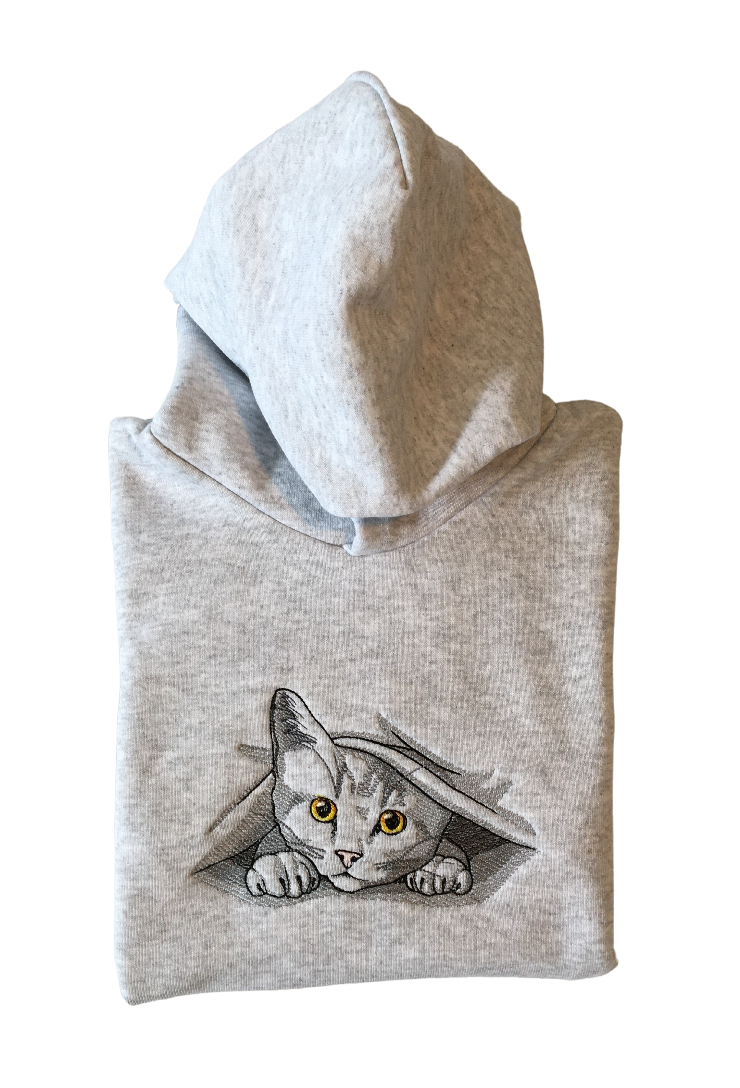 kids peeking out kitty grey hoodie front closeup