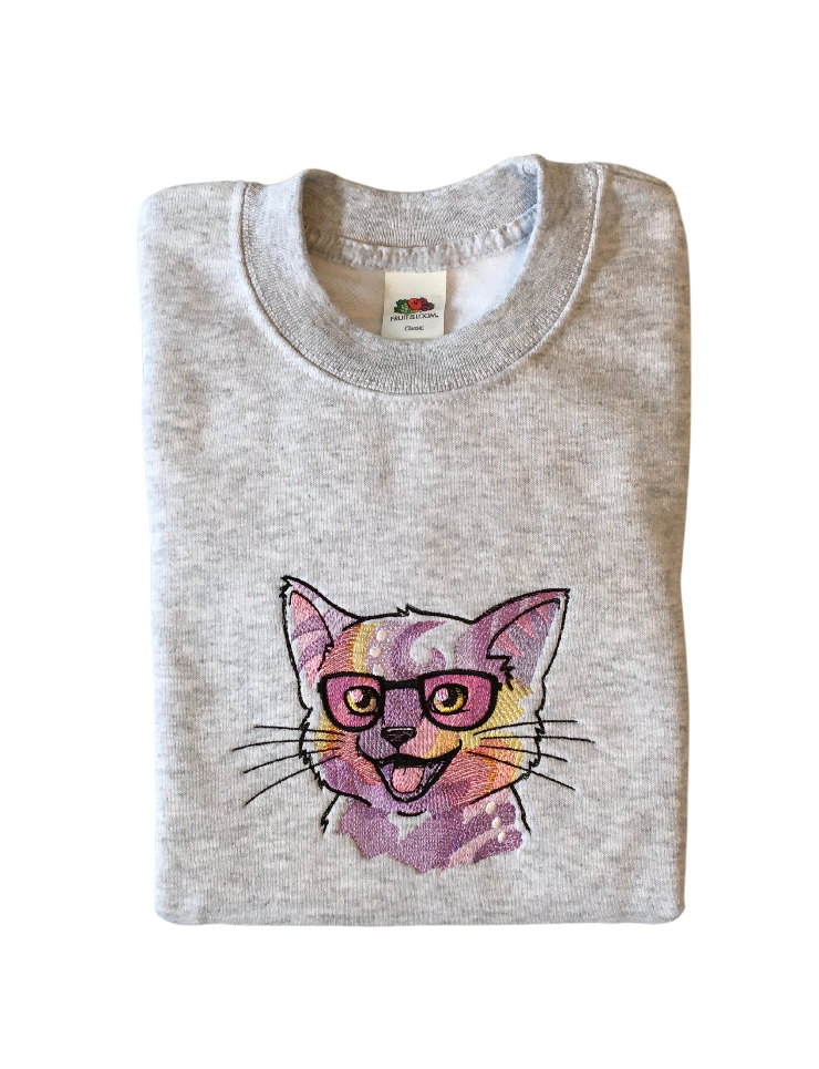 kids playful kitty grey sweatshirt front closeup