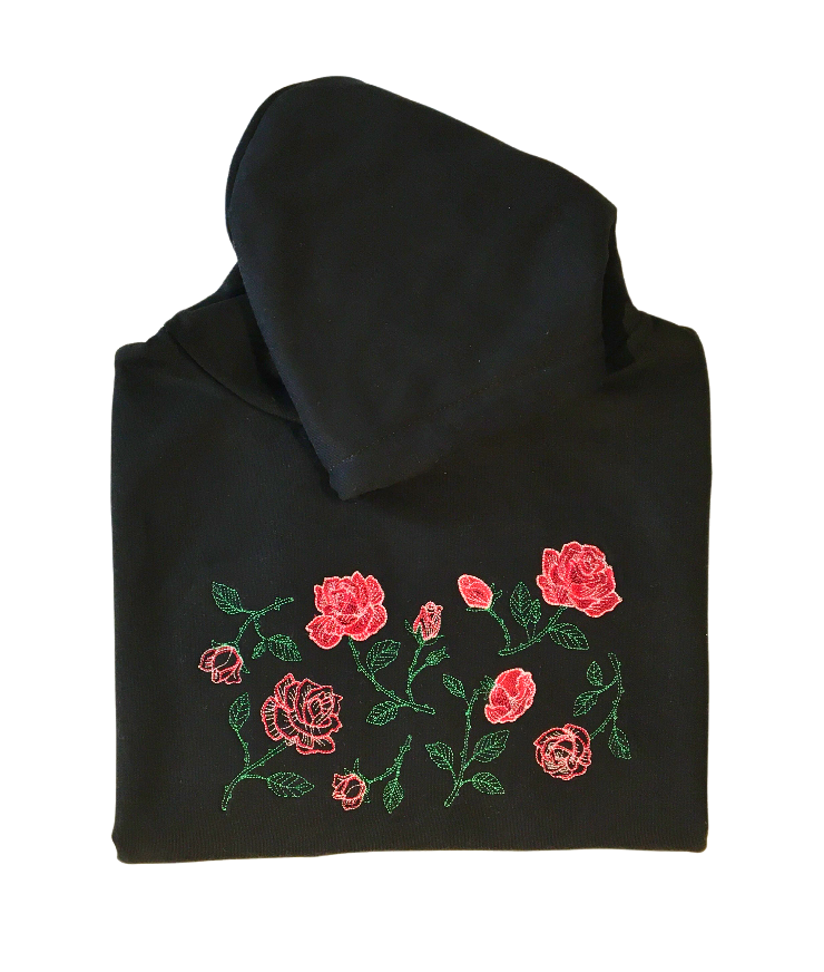 women repeatable roses black hoodie dress front closeup