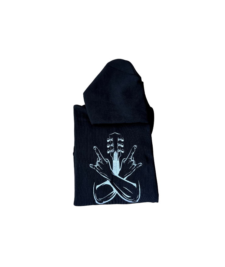 men rockstar guitar black hoodie front closeup