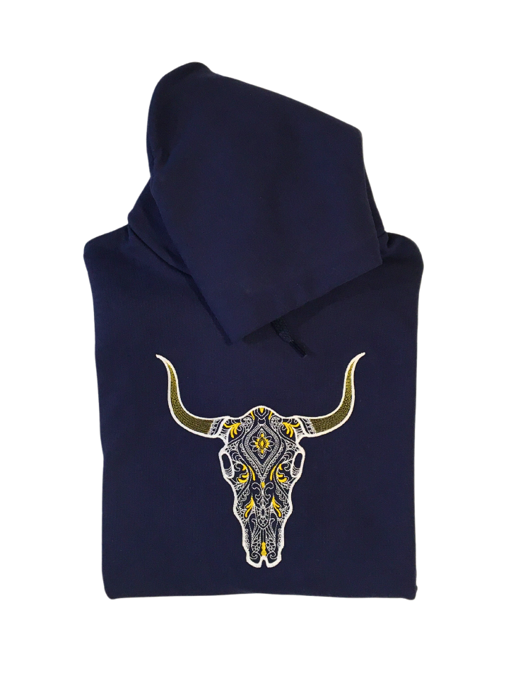 men steer skull navy hoodie front closeup