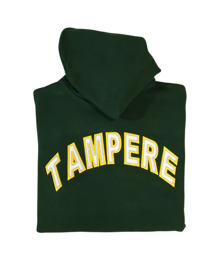 men tampere applique green hoodie front closeup