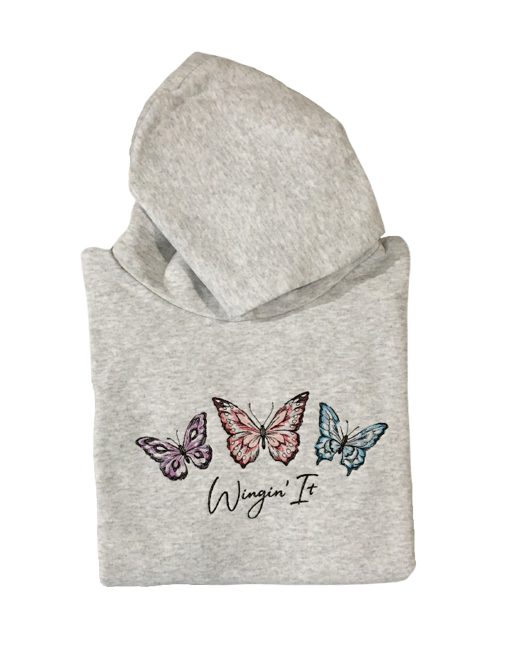 women winging it grey hoodie front closeup