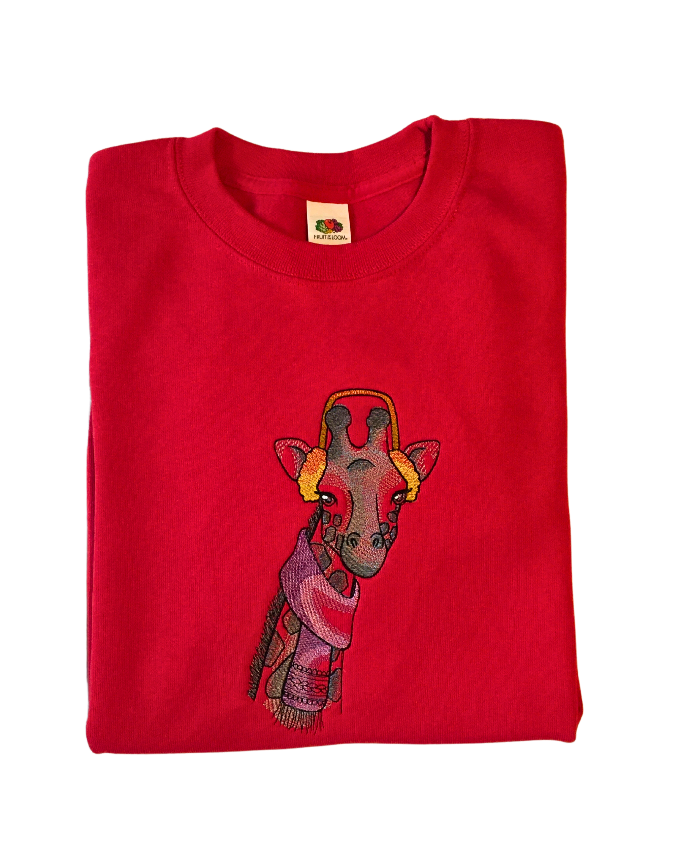 kids winter giraffe red sweatshirt front closeup