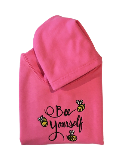 kids bee yourself candyfloss pink hoodie front closeup