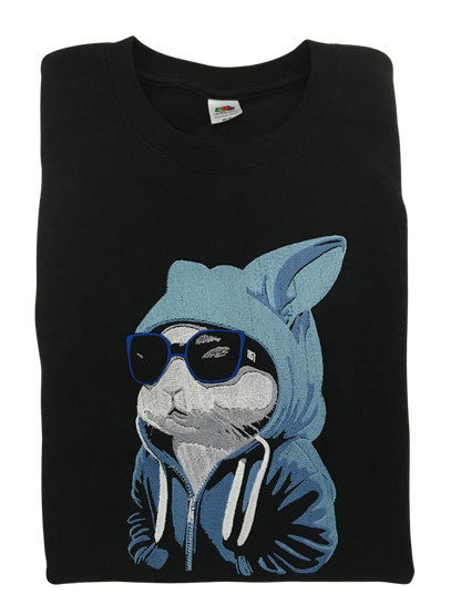 men bunny in a hoodie black sweatshirt front closeup