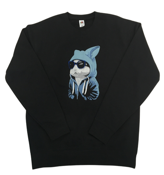 men bunny in a hoodie black sweatshirt front full