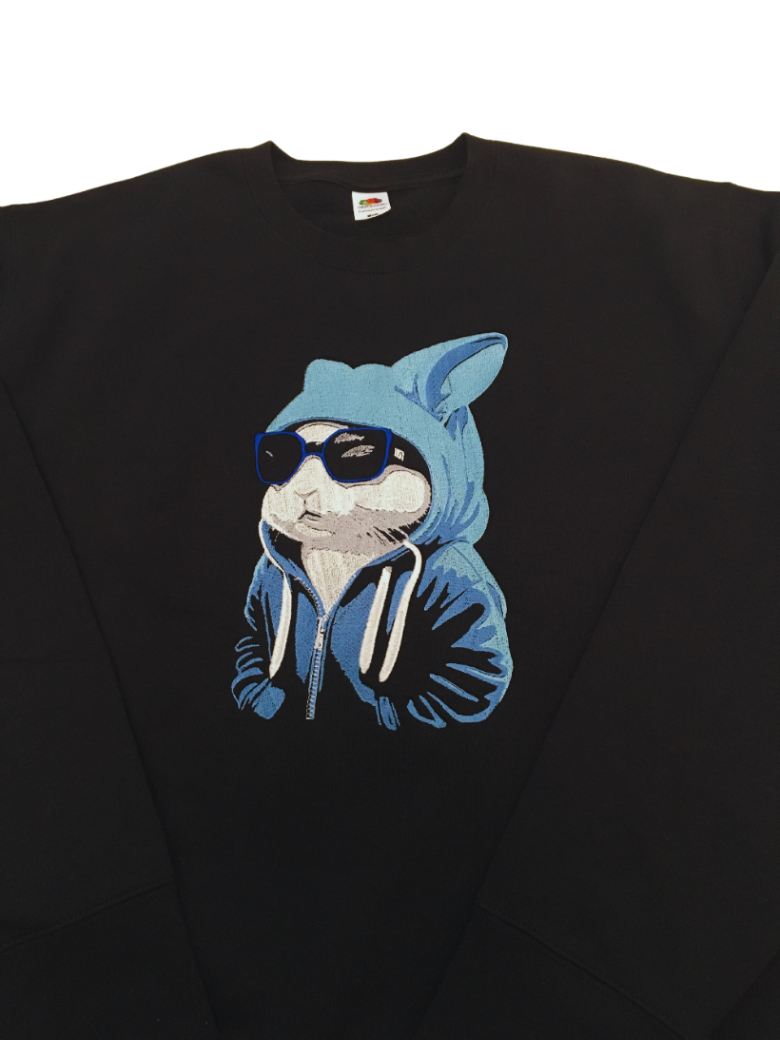 men bunny in a hoodie black sweatshirt front middle