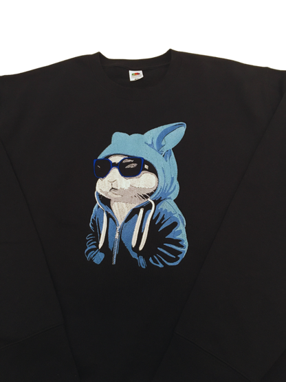 men bunny in a hoodie black sweatshirt front middle