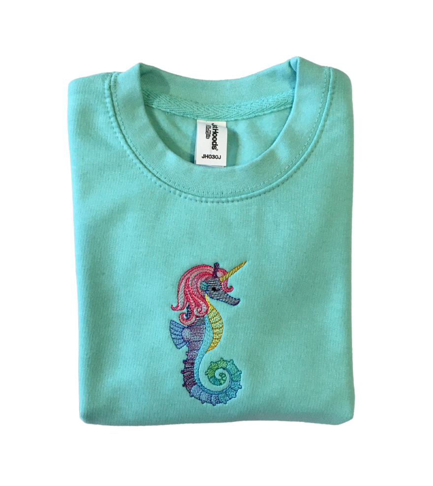 kids colorful seahorse unicorn peppermint sweatshirt front closeup