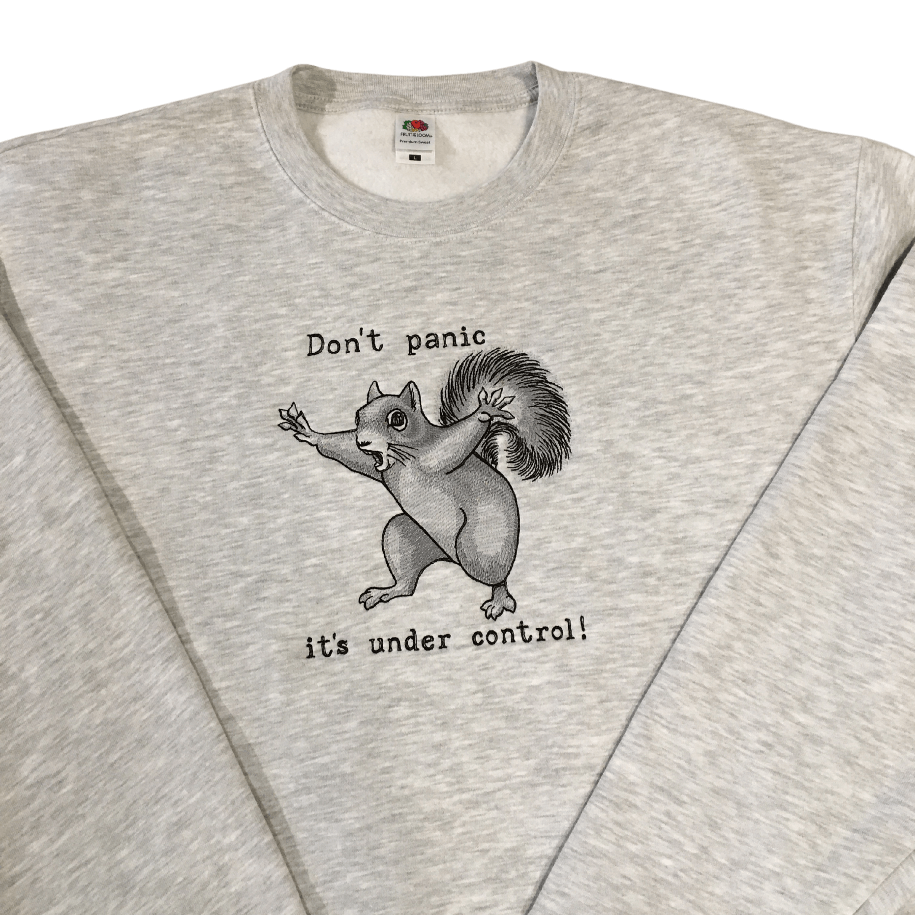 men don't panic squirrel grey sweatshirt front middle