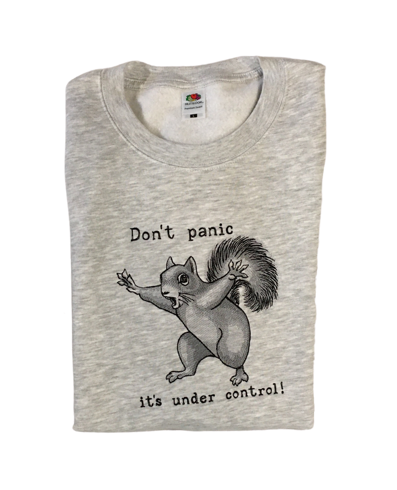 men don't panic squirrel grey sweatshirt front closeup