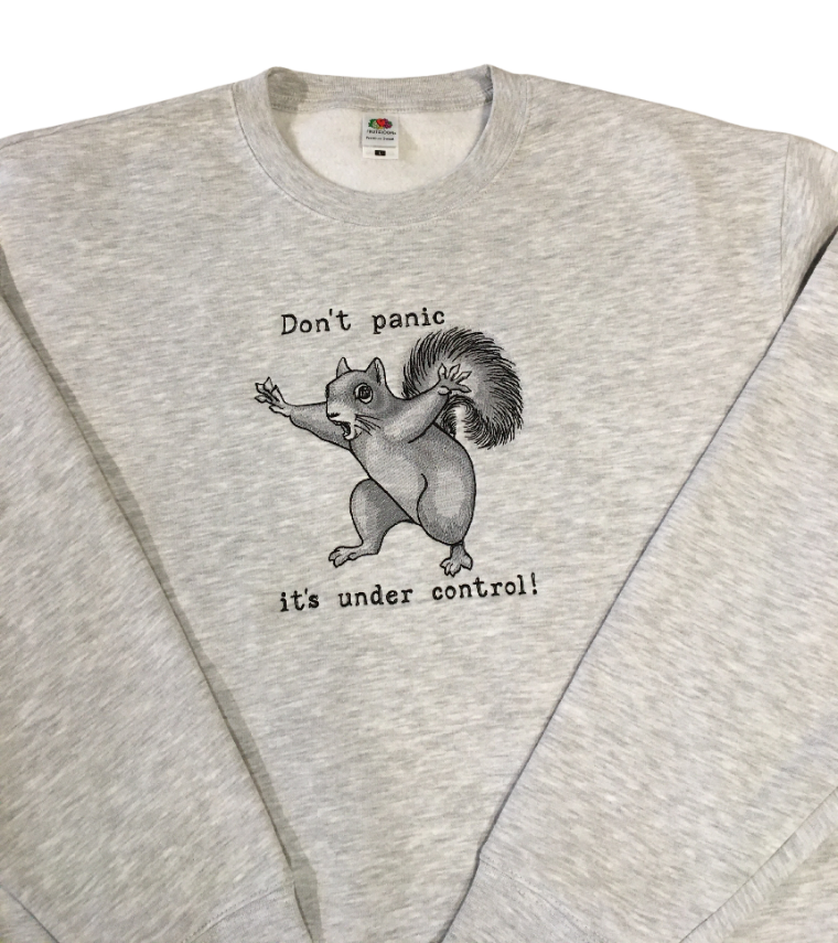 men don't panic squirrel grey sweatshirt front middle