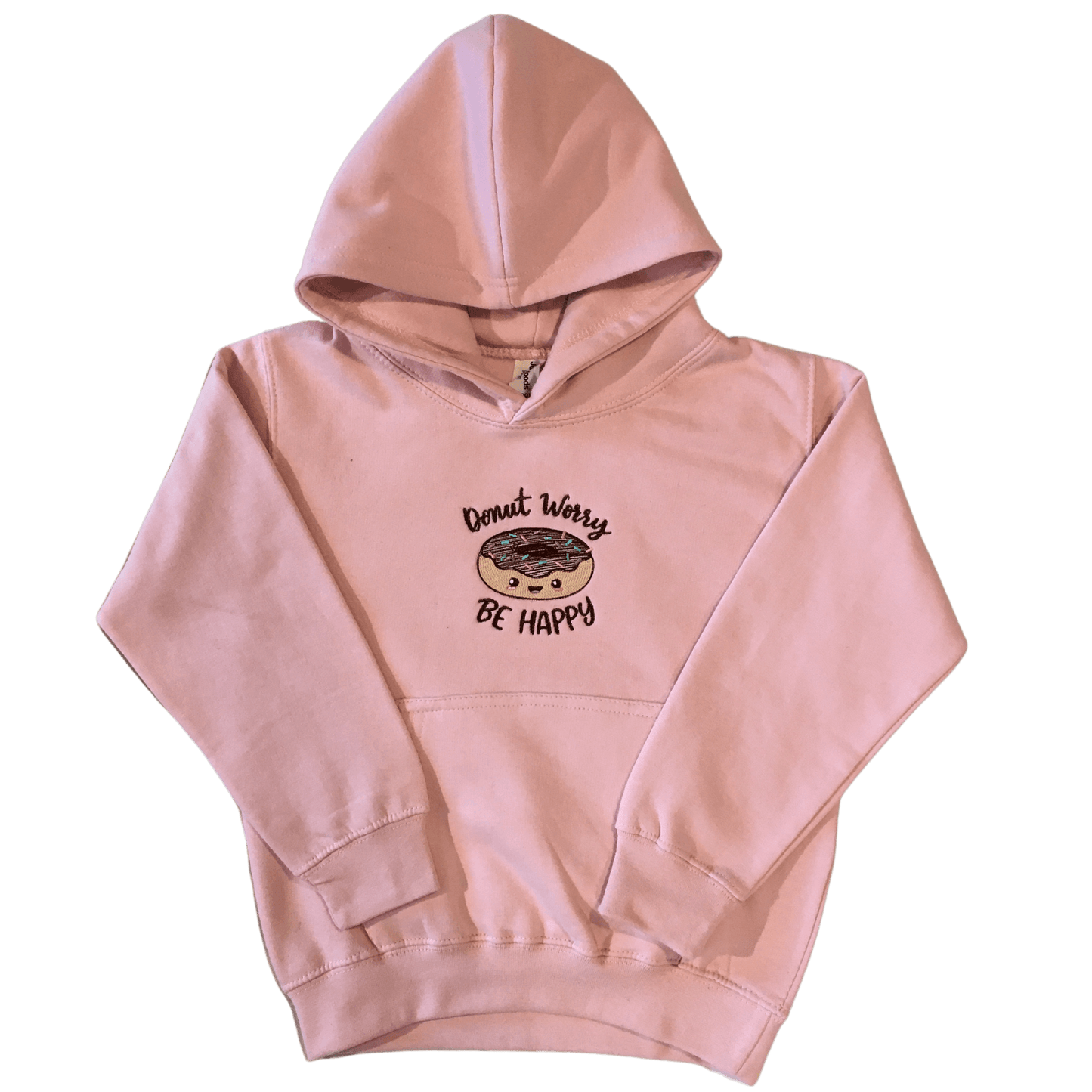 kids donut worry be happy baby pink hoodie front ful