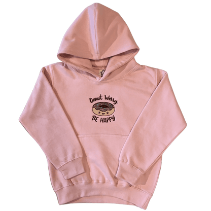 kids donut worry be happy baby pink hoodie front ful