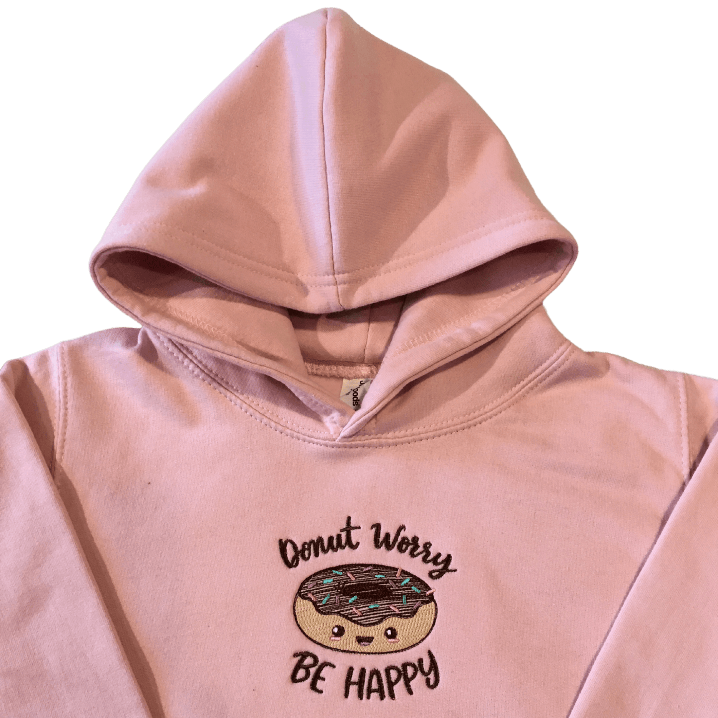 kids donut worry be happy baby pink hoodie front middle