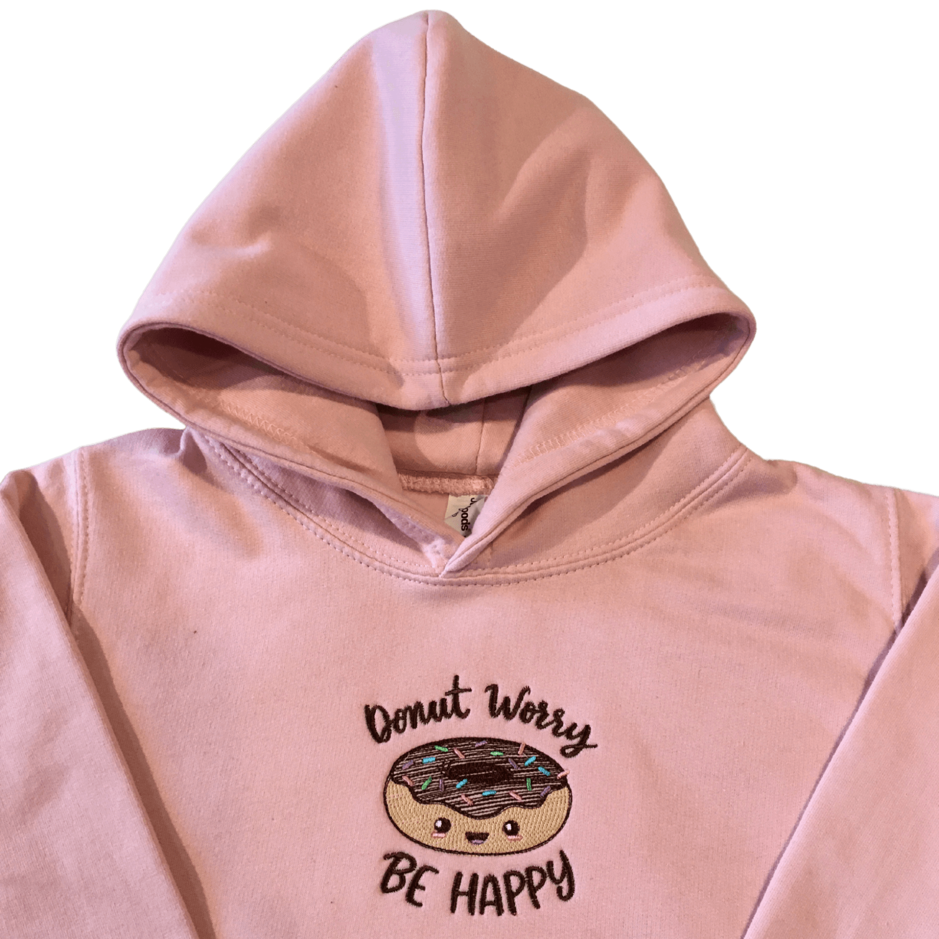 kids donut worry be happy baby pink hoodie front middle