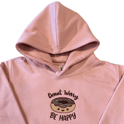 kids donut worry be happy baby pink hoodie front middle