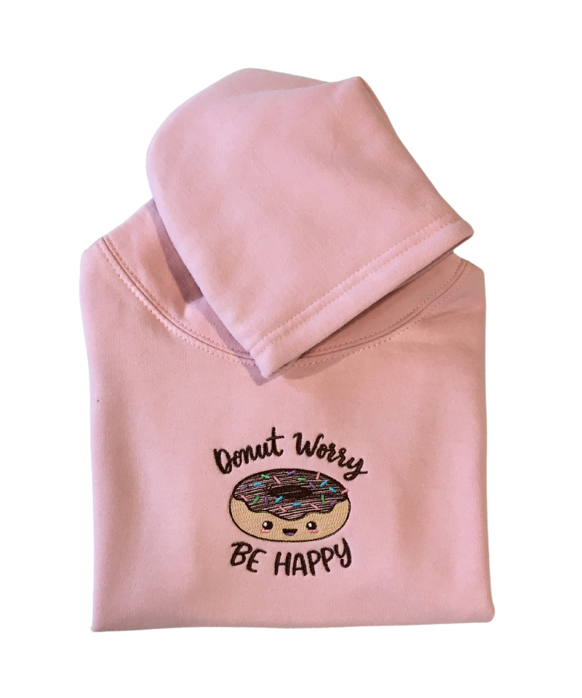 kids donut worry be happy baby pink hoodie front closeup