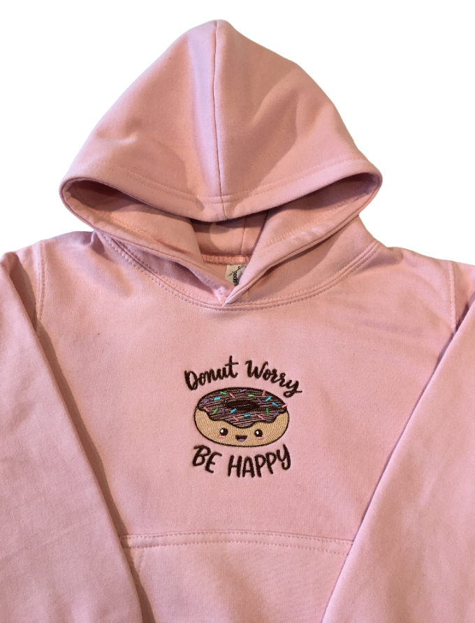 kids donut worry be happy baby pink hoodie front middle