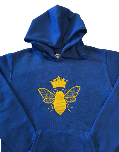 women elegant crowned queen been royal blue hoodie front middle