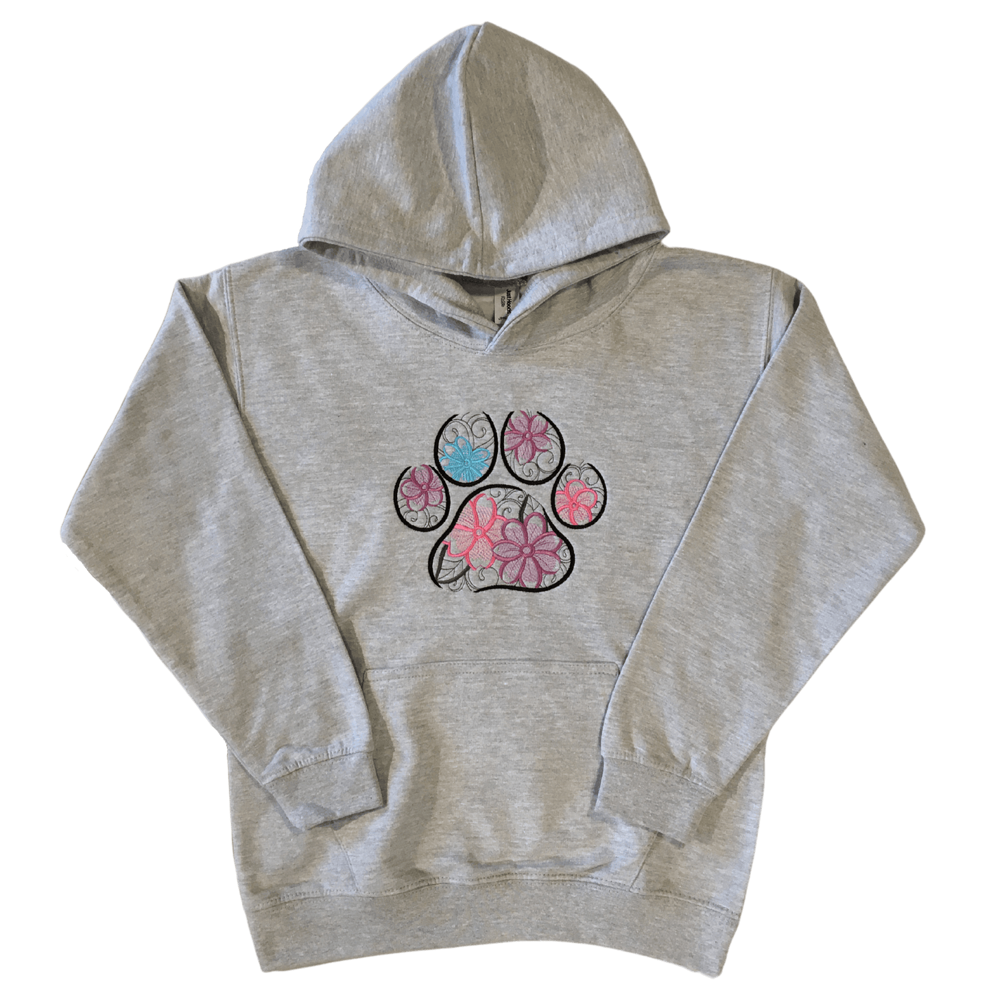 kids floral pawmark grey hoodie front ful