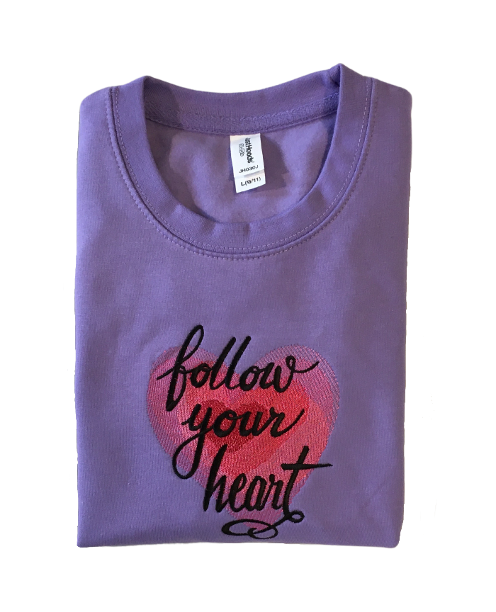 kids follow your heart lavender sweatshirt front closeup