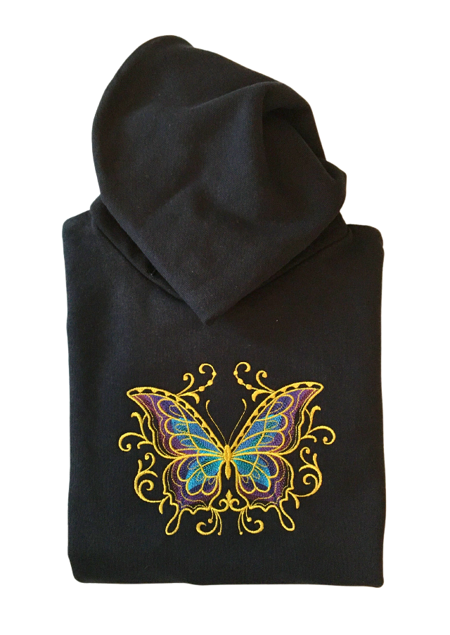 women golden butterfly black hoodie front closeup
