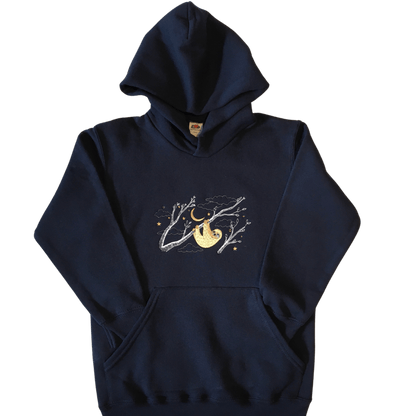 kids hanging sloth deep navy hoodie front ful