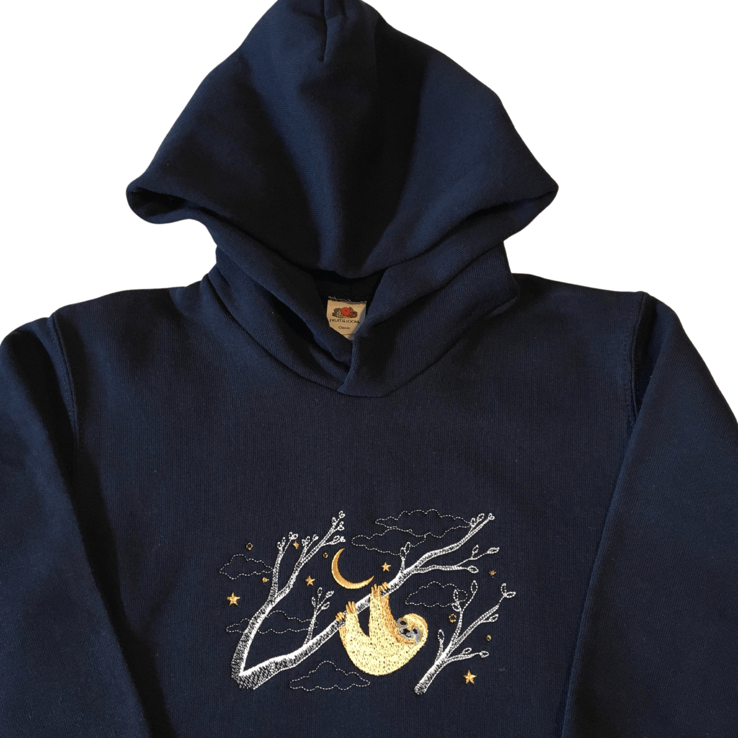 kids hanging sloth deep navy hoodie front middle