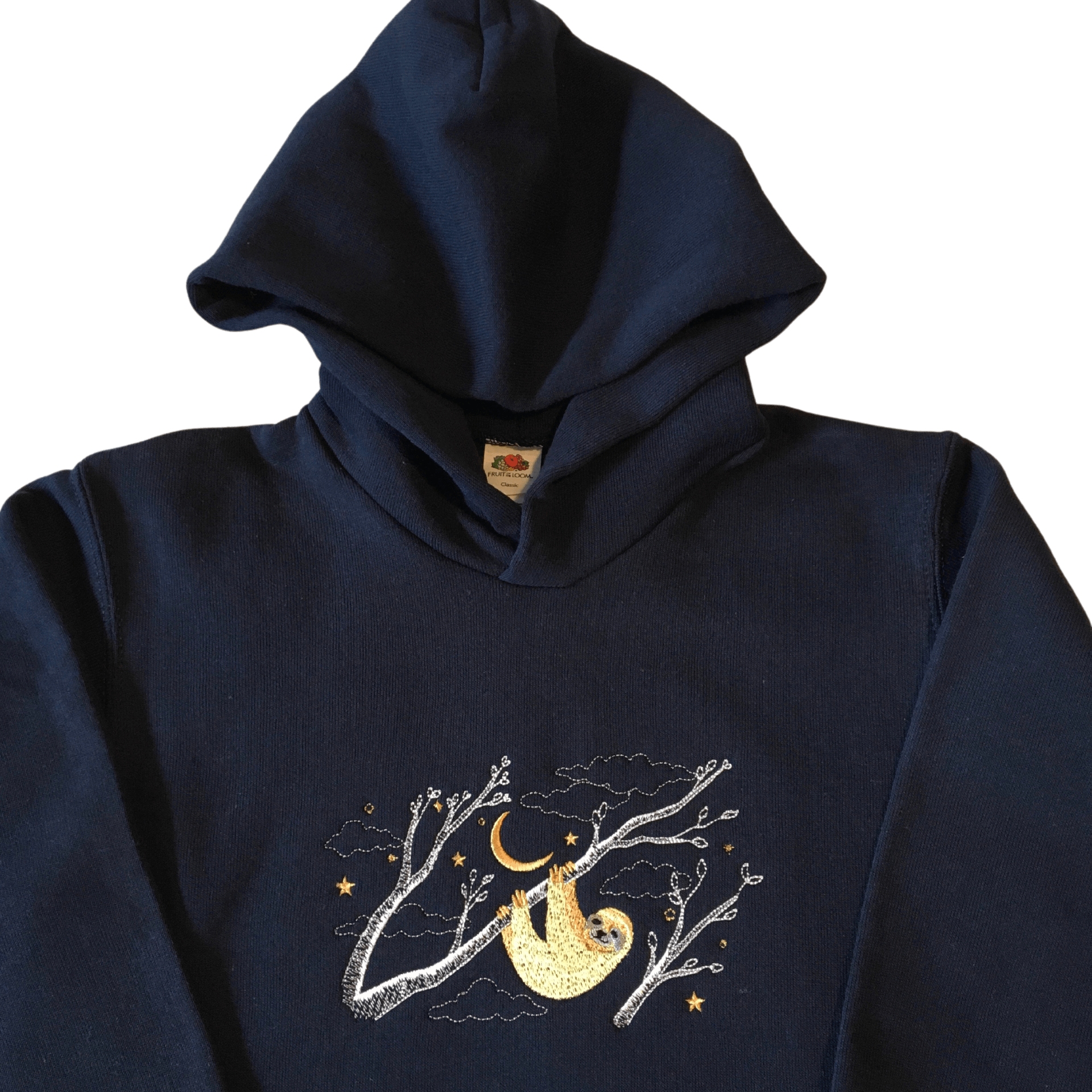 kids hanging sloth deep navy hoodie front middle