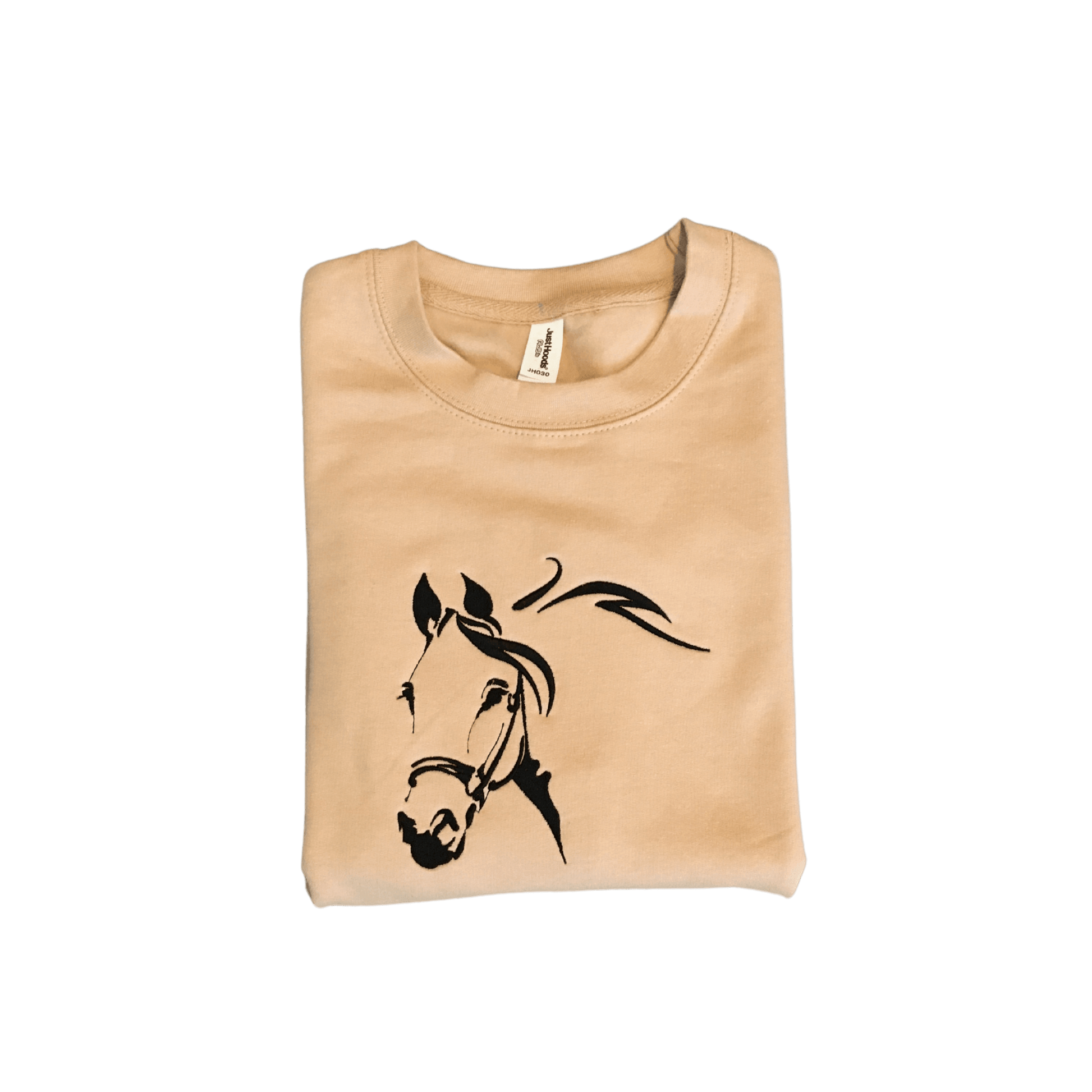 women horse head beige sweatshirt front closeup