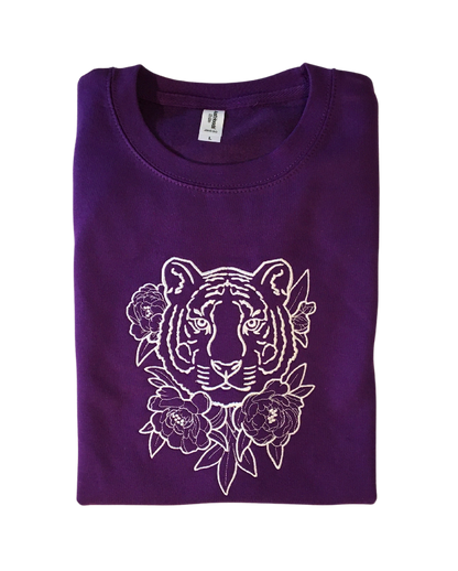 women majestic tiger with flowers purple sweatshirt front closeup