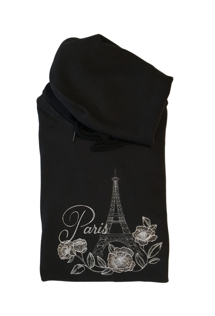 women paris with flowers black hoodie front closeup